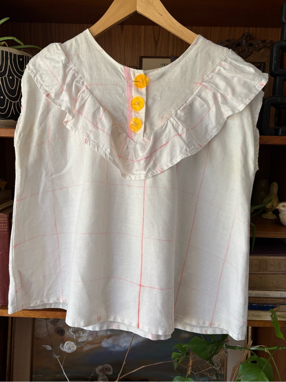 Tony Chestnut Linen Checkboard Ruffle Top M - Picture 2 of 4